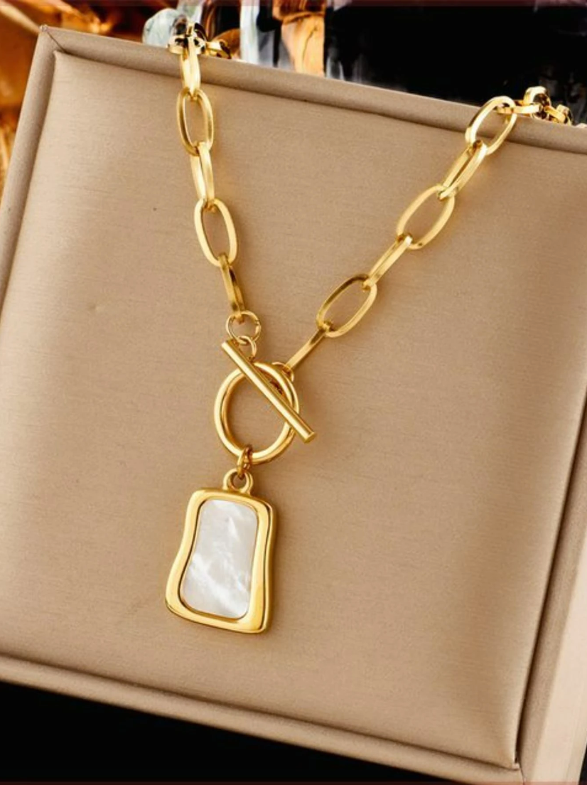 1pc Gold Tone Vintage White Pearl Chain Stainless Steel Necklace