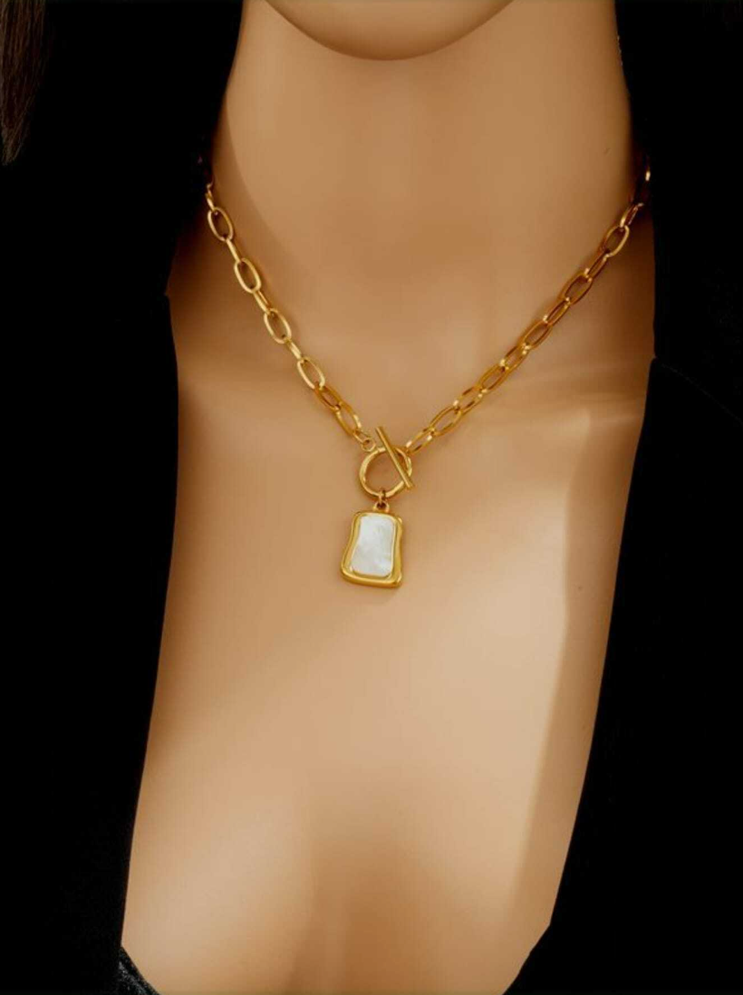 1pc Gold Tone Vintage White Pearl Chain Stainless Steel Necklace