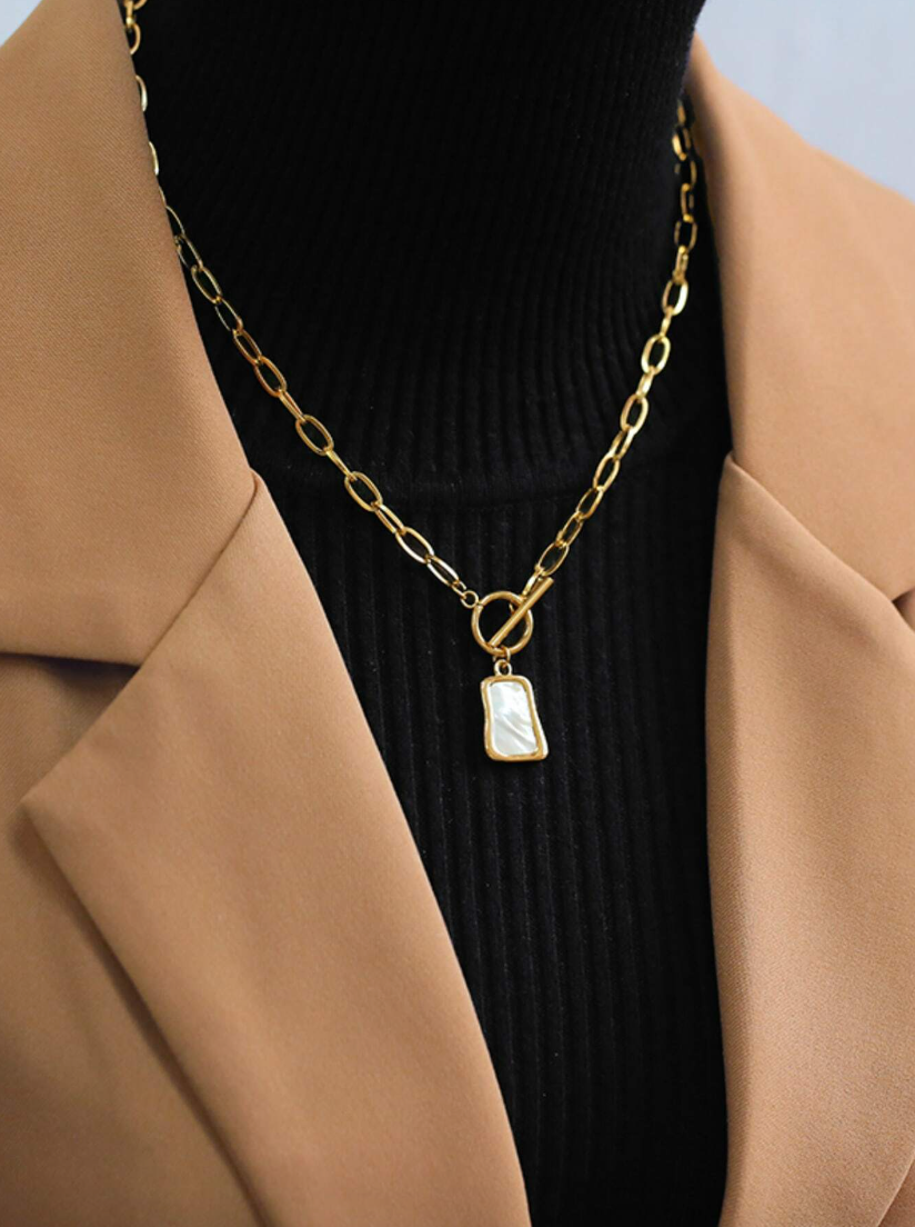 1pc Gold Tone Vintage White Pearl Chain Stainless Steel Necklace