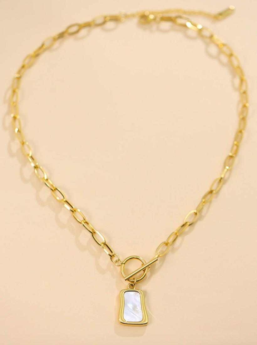 1pc Gold Tone Vintage White Pearl Chain Stainless Steel Necklace