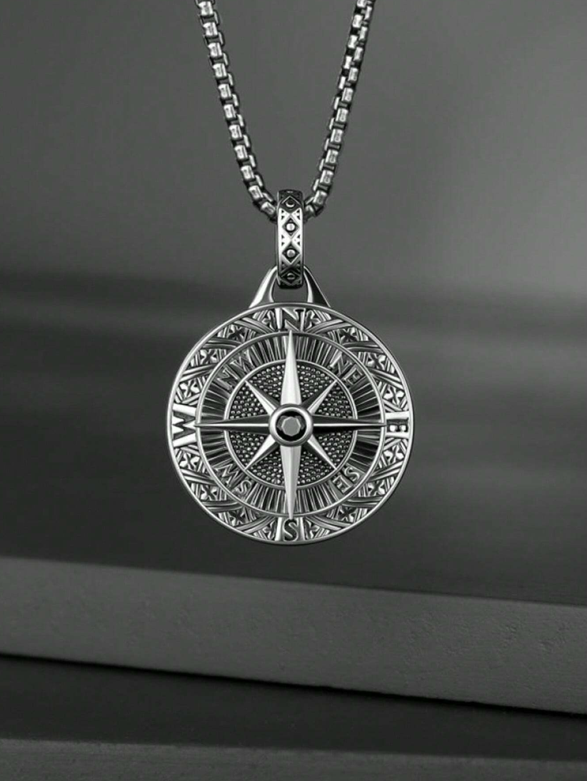 Men's Vintage Compass Pointer Pendant Long Sweater Chain Necklace