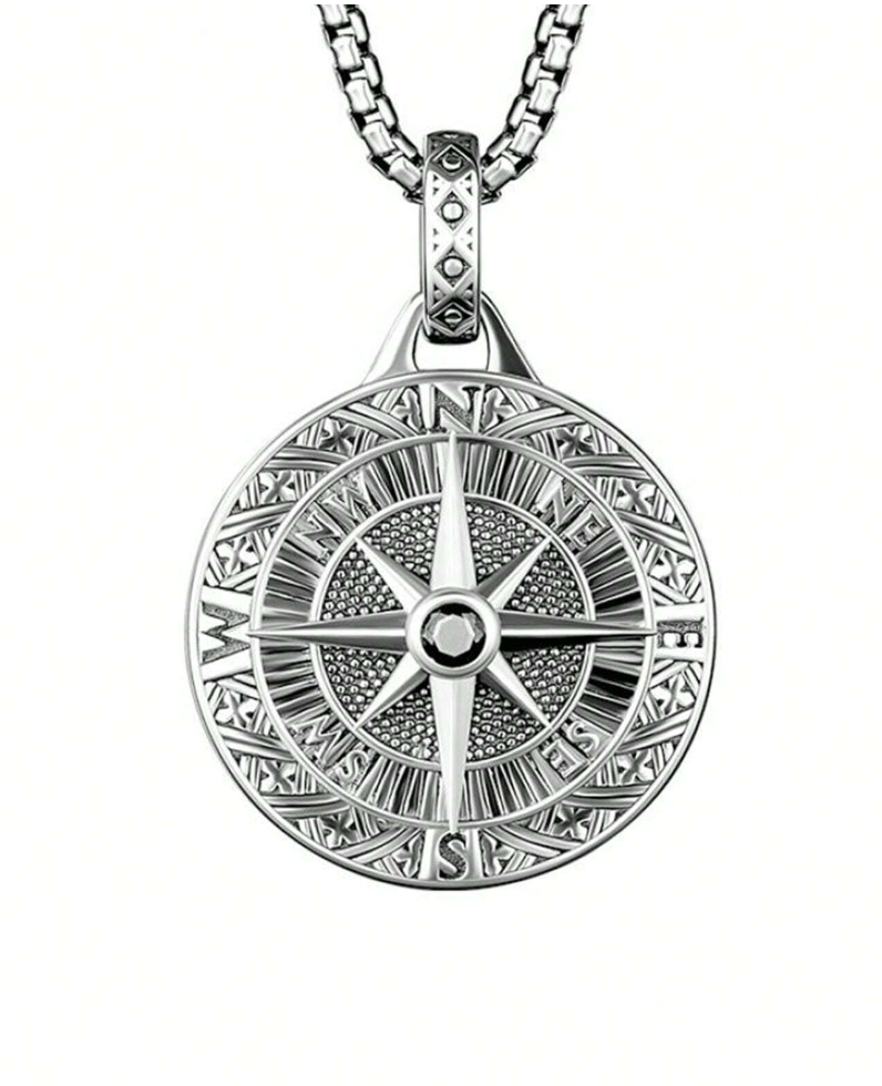 Men's Vintage Compass Pointer Pendant Long Sweater Chain Necklace
