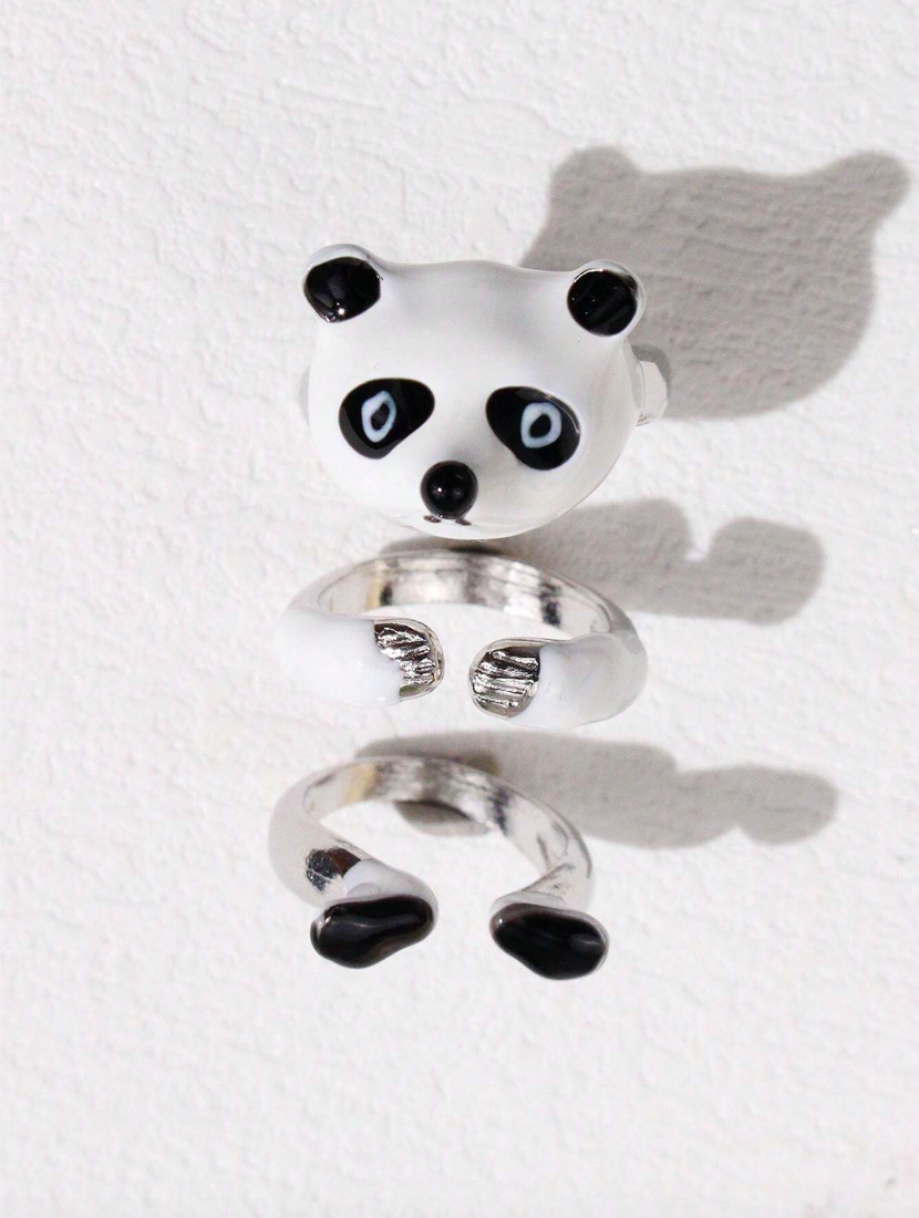 3pcs/Set Funny Cute Panda Shaped Open Ring Adjustable Women's Jewelry