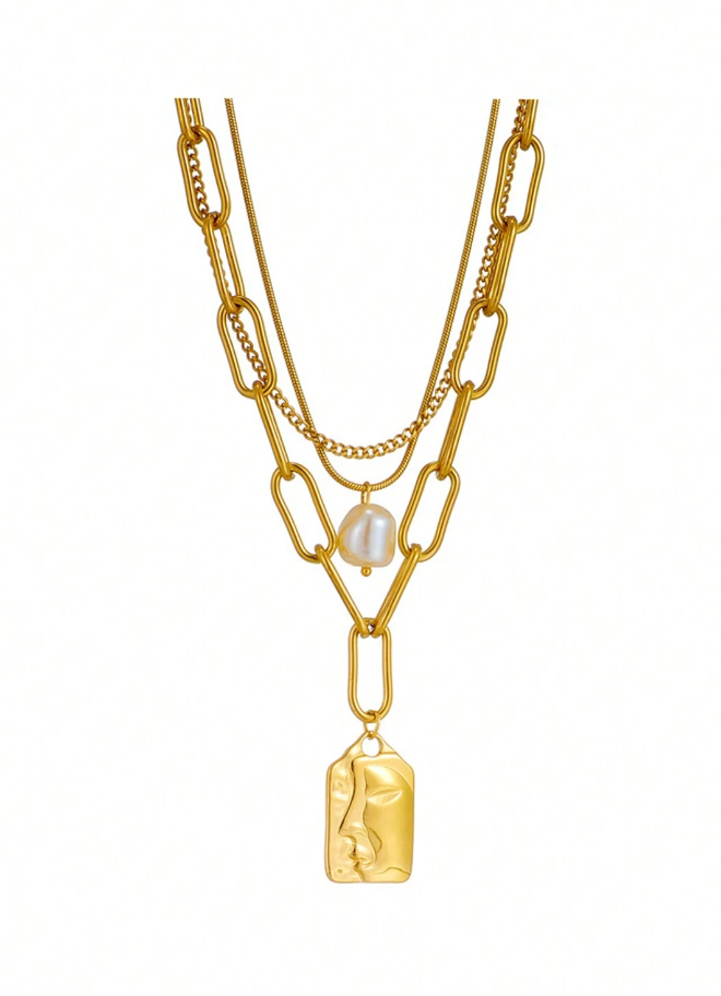 1pc Three-Layer Multi-Layered Face Pendant Stainless Steel Necklace Gold