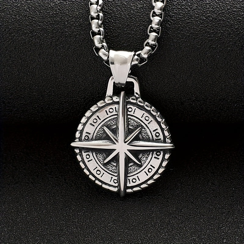 Trendy Retro Compass Necklace Embossed Octagonal