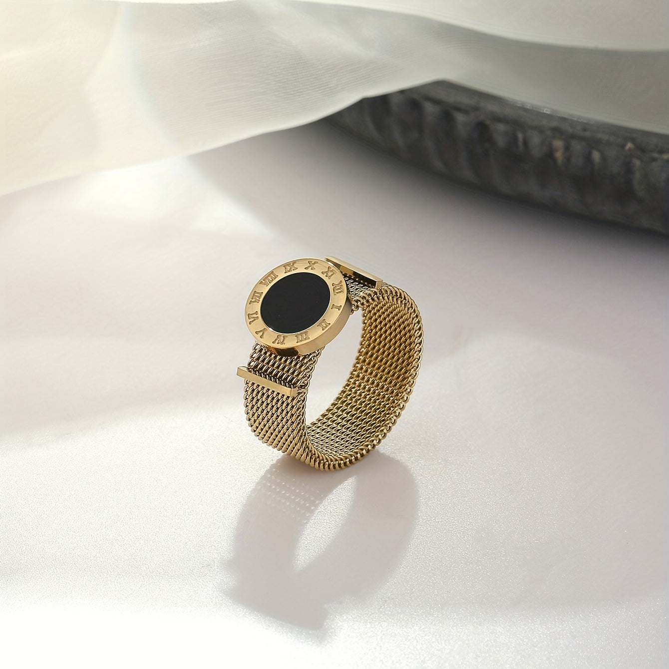 Plated Roman Numerals Black Shell Strap Ring For Women Girls Daily Wear