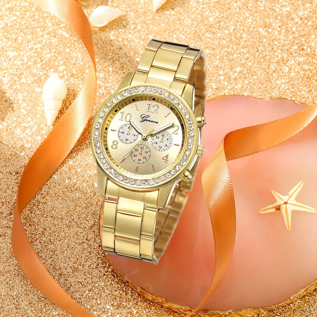 Ladies' Fashion Quartz Watch Golden Steel Strap Water Drill Simulated Wristwatch