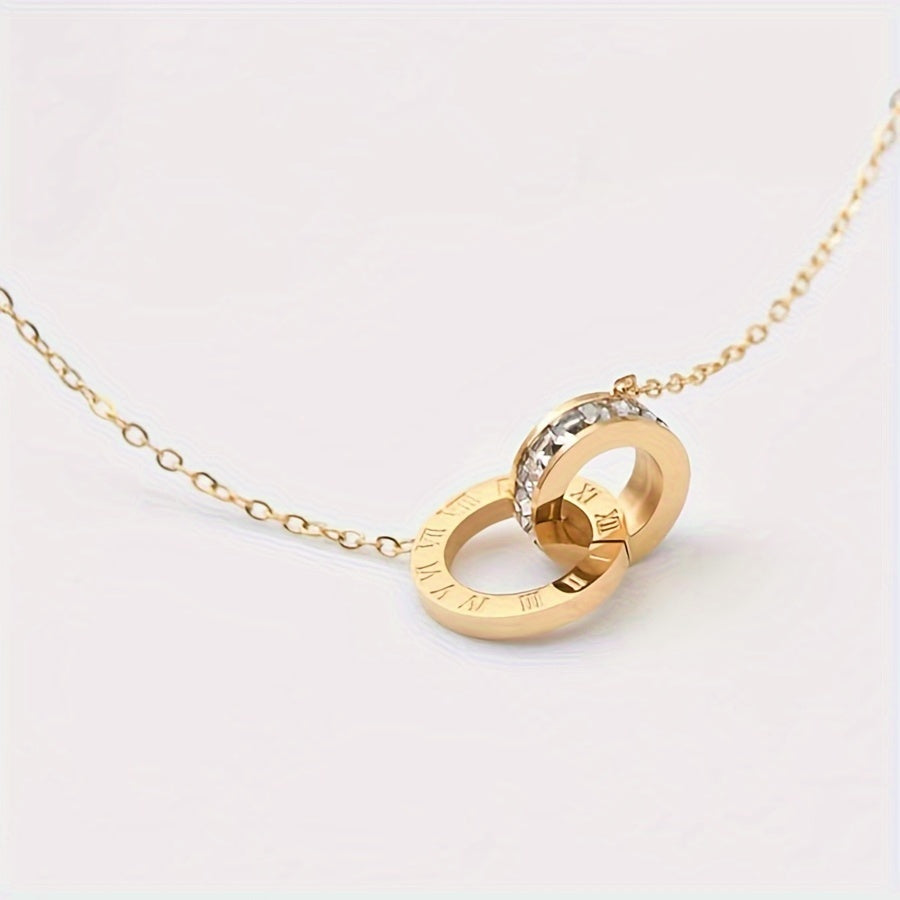 4pcs/set Stainless Steel Golden Faux Diamond Roman Numerals, Fashion Trendy Bracelet Necklace Earrings Jewelry Set