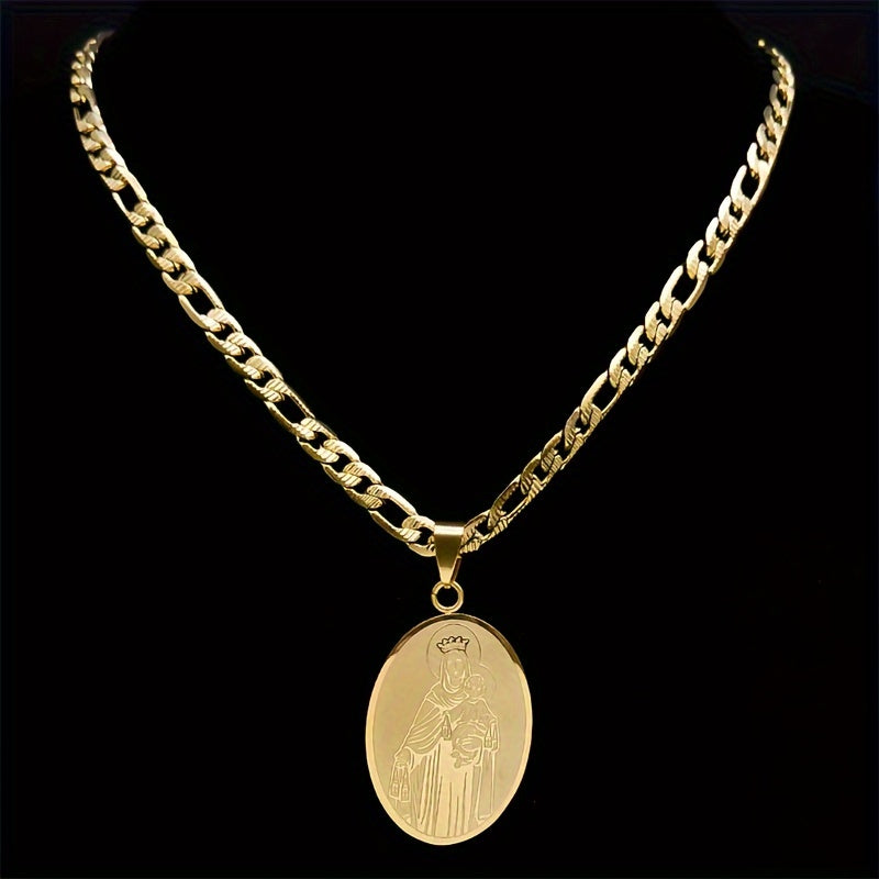Classic Virgin Mary Pendant Necklace, Stainless Steel Golden Plated