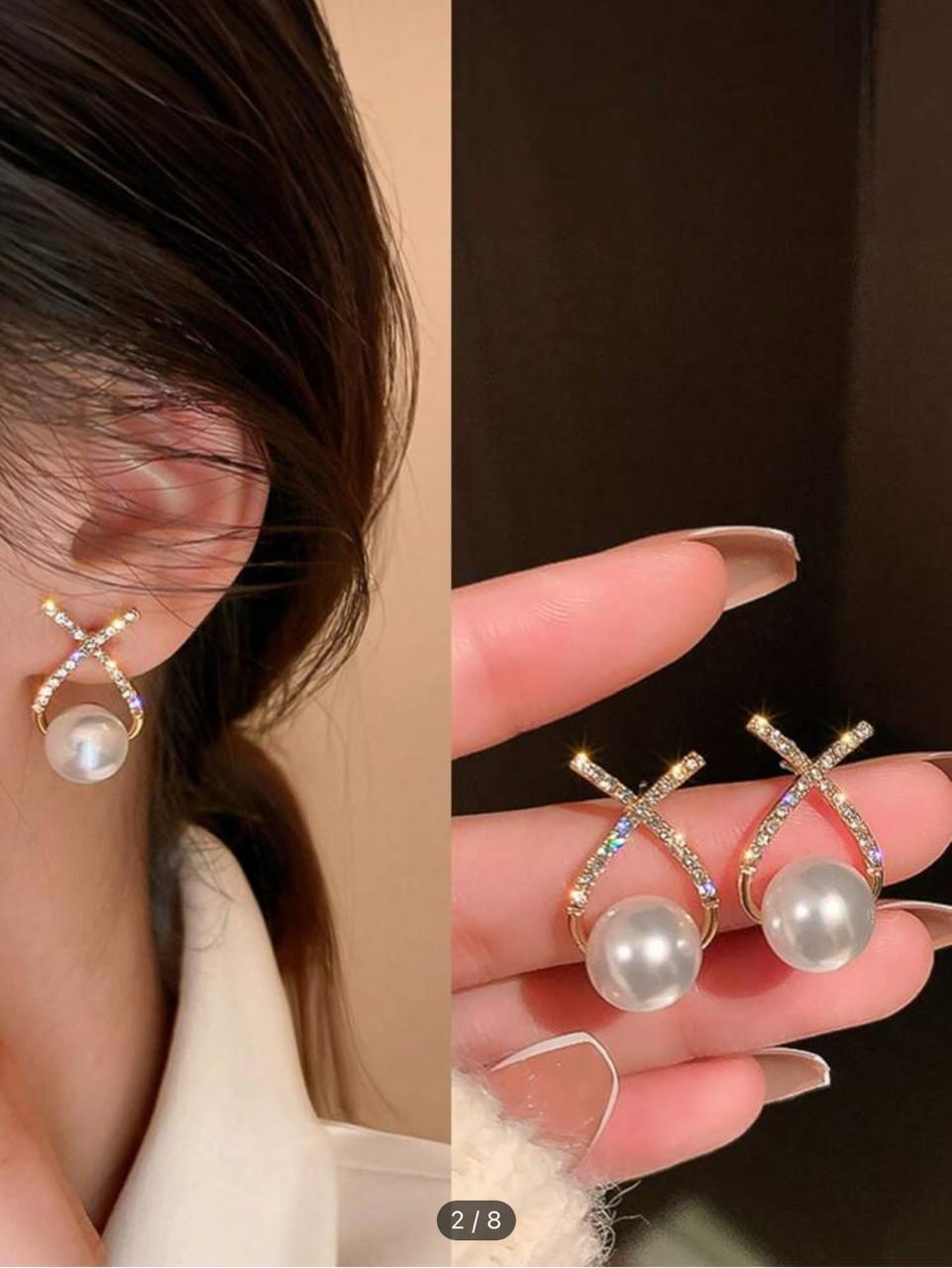 1pc Fashionable & Versatile Earrings With Crossed Pearl Design & Diamond Accents For Women, Elegant & Slimming, Sweet & Delicate Bow Detail Shaped Earrings