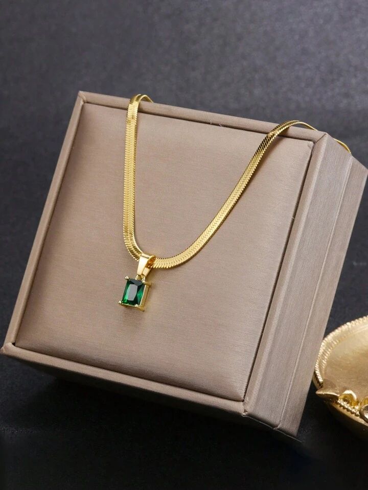 1PC Stainless Steel Golden Minimalist Square Cubic Zirconia Pendant