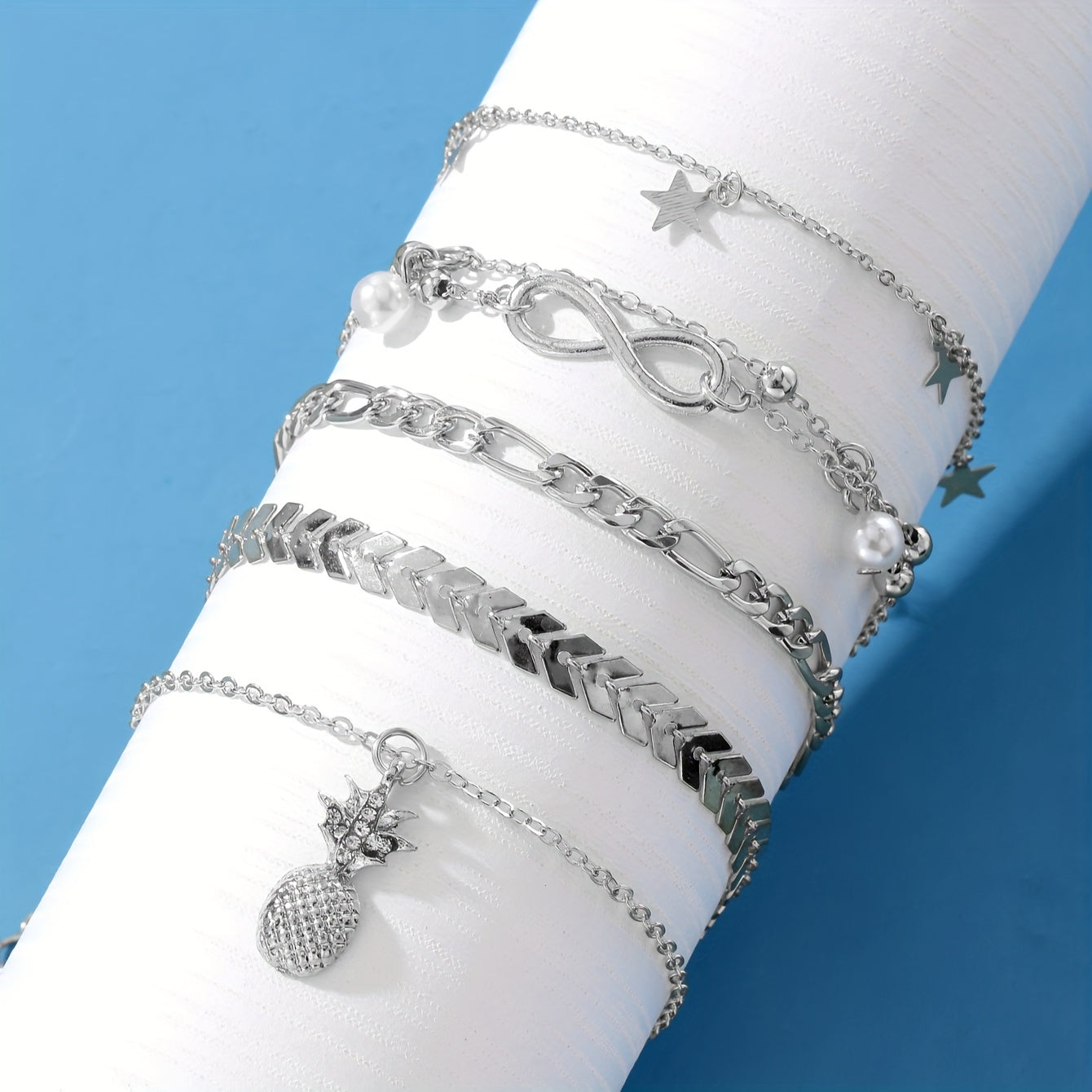 5Pcs/Set Vintage Golden Silvery Boho Metal Imitation Pearl Pineapple Star Multi-layer Chain