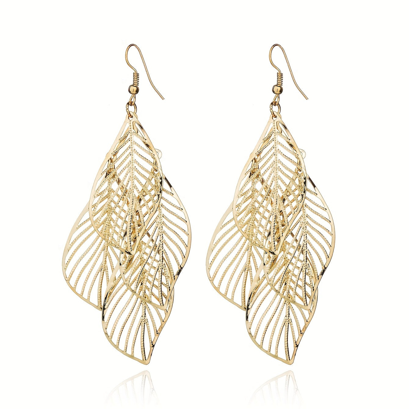Multi-layer Hollow Leaf Pendant Golden Dangle Earrings Retro Boho Style Alloy Silver Plated Jewelry