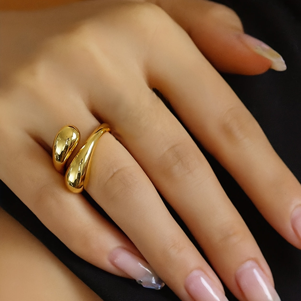 Elegant Golden-Tone Titanium Steel Open Ring - Chic Water Drop Design