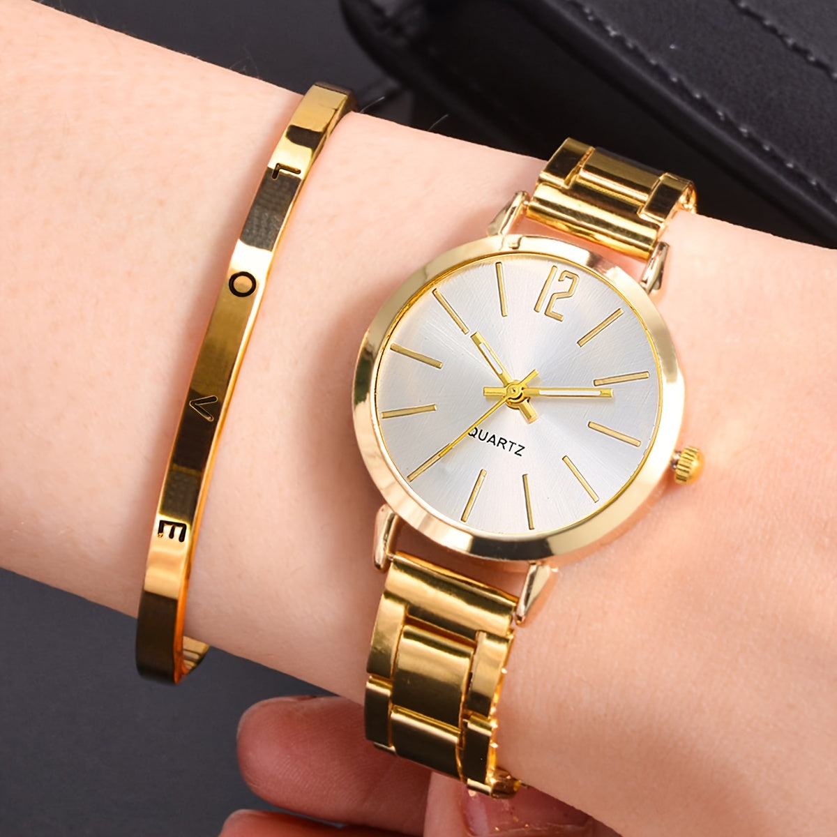 1pc/ 2pc Golden Quartz Watch & 1pc Love Bangle Set Gift, Casual Entertainment Wrist Watch Set