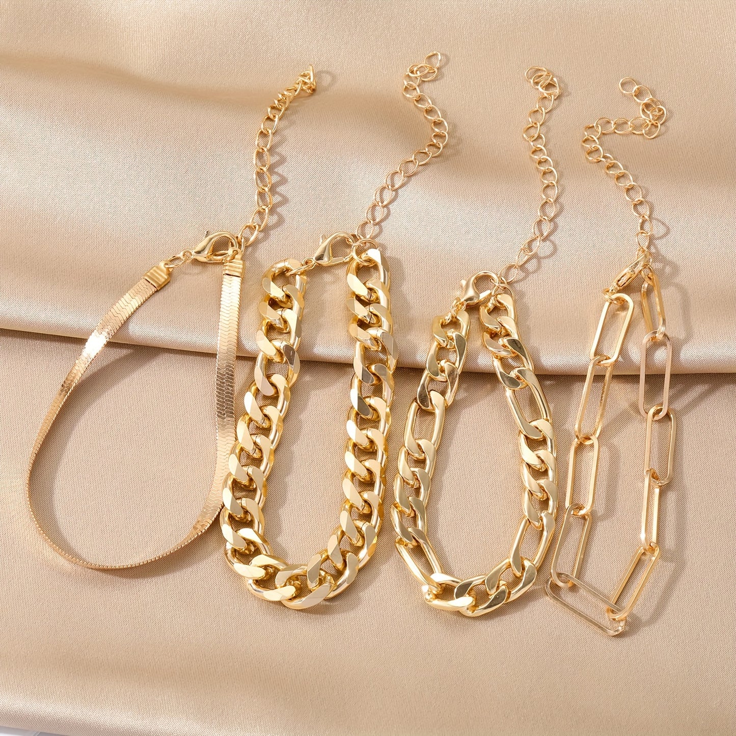 4pcs/set Vintage Simple Cuban Chain Bracelet Golden Classic Snake Chain Bracelet Women's Jewelry