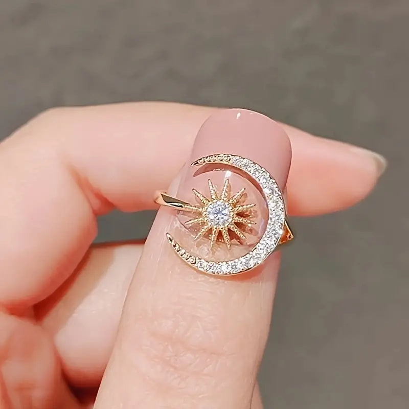 1pc Sun Moon Open Ring Inlaid Shiny Zircon Temperament Unique Finger Ring Jewelry Stylish Accessory Gift