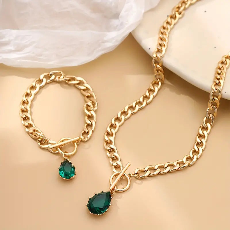 Necklace + Bracelet French Romantic Style Jewelry Set OT Buckle + Chain Design Inlaid Zirconia In Waterdrop Shape
