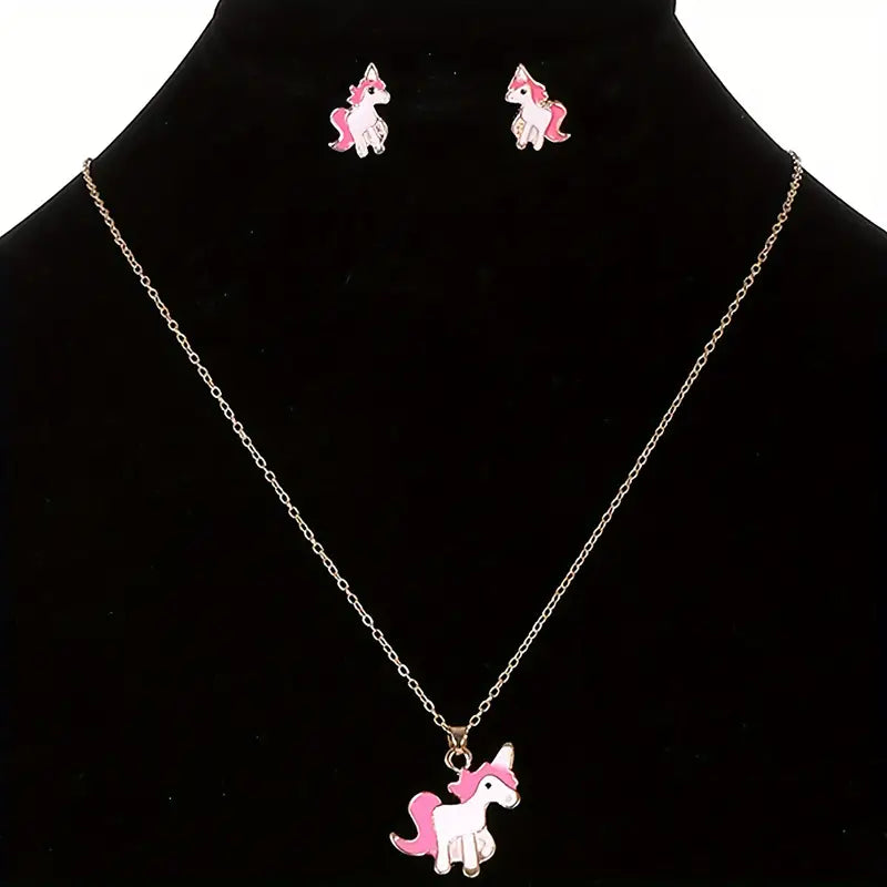 3pcs/set Creative Dripping Oil Cartoon Unicorn Pendant Necklace + Earrings Set