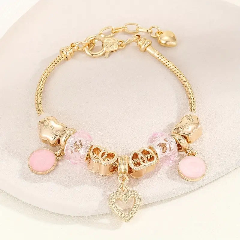 Hollow Out Love Heart Pendant Chain Bracelet With Rhinestone Beads Elegant Copper Hand Jewelry
