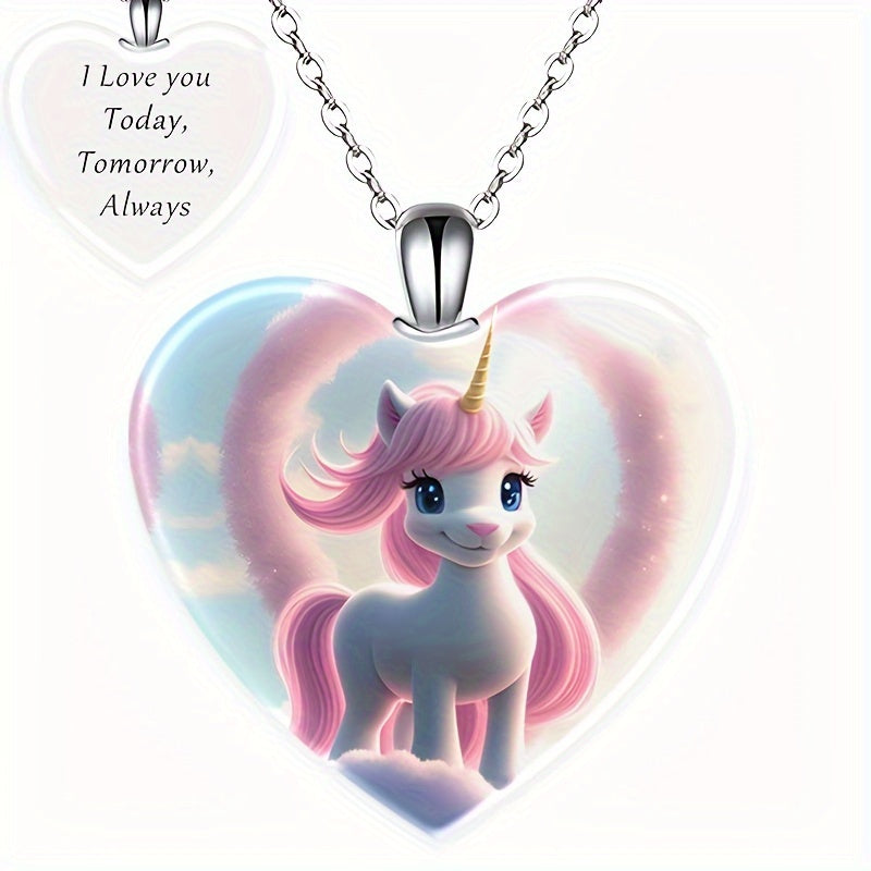 Exquisite Unicorn Heart-Shaped Crystal Pendant Necklace