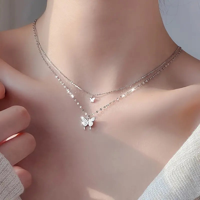 Double Layer Alloy Necklace With -encrusted Butterfly Pendant Silver
