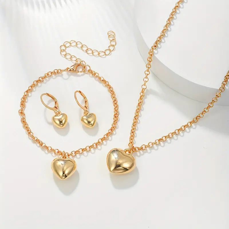 1 Pair Of Earrings + 1 Bracelet + 1 Necklace Chic Jewelry Set Trendy Golden Heart Design