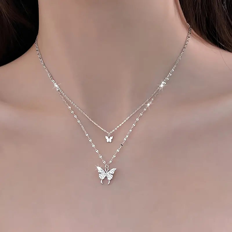Double Layer Alloy Necklace With -encrusted Butterfly Pendant Silver