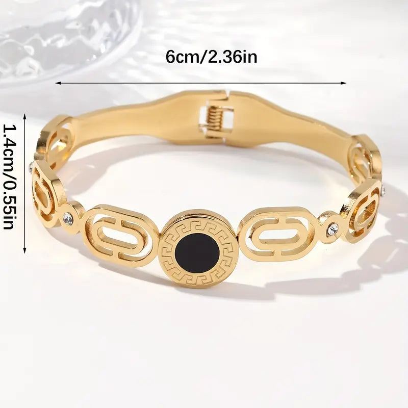 Vintage-Inspired Golden Stainless Steel Open Cuff Bracelet with Zirconia Inlay