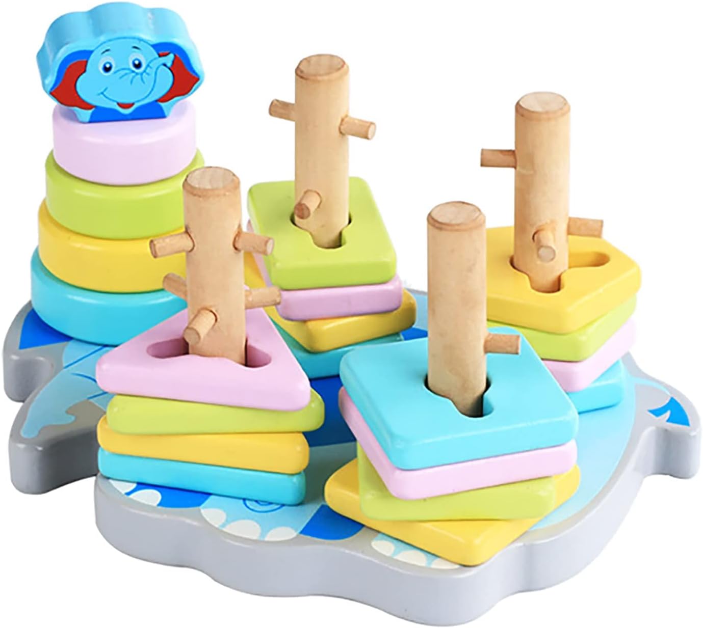 Wooden Five Sets Of Columns Two In One Cartoon Elephant Shaped Sets Of Columns Wooden Early Education Educational Toys Kids for Girls (Sky Blue, One Size)