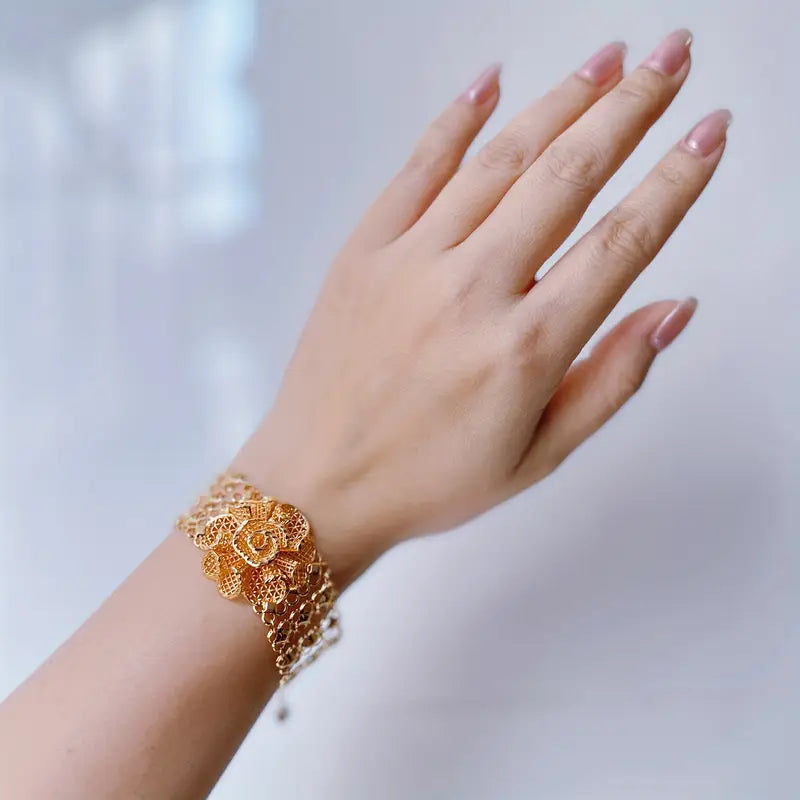 Elegant 22K Golden-Plated Champagne Rose Flower Bracelet