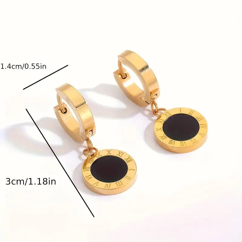 1 Pair of Hypoallergenic Stainless Steel Gold-Plated Roman Numerals Earrings