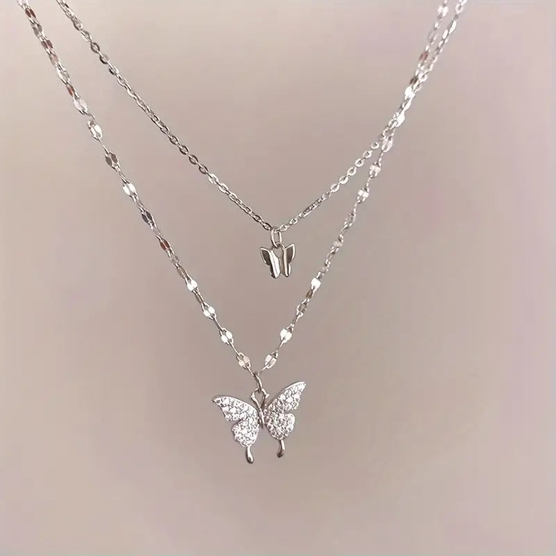 Double Layer Alloy Necklace With -encrusted Butterfly Pendant Silver