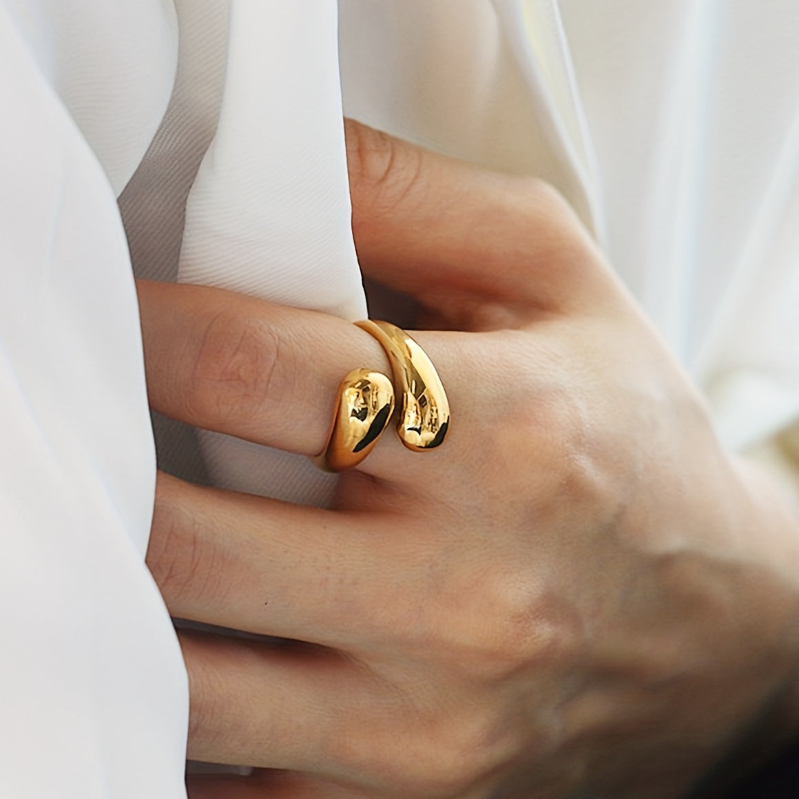 Elegant Golden-Tone Titanium Steel Open Ring - Chic Water Drop Design