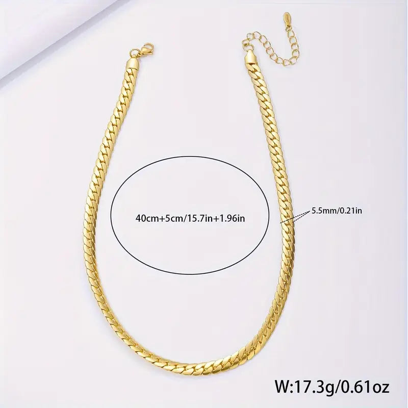 Women's Fashion Chunky Flat Chain Necklace, Hip Hop Style, 18K Golden Plated, Stainless Steel, Unisex