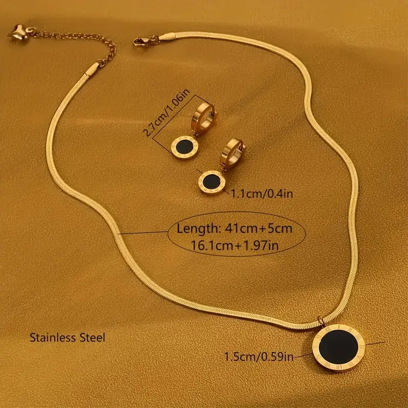 2PC Stainless Steel Golden Roman Numeral Round Pendant Necklace and Earring Jewelry set.