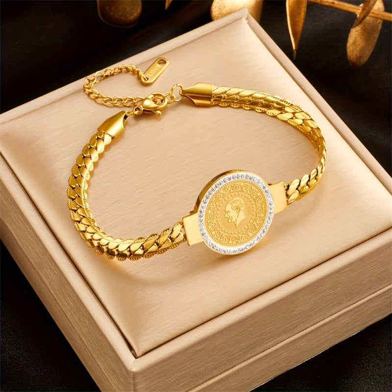 Fashion Stainless Steel Coin Bracelet, Creative Gold Plated Head Coin Design Bracelet