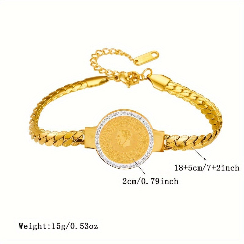Fashion Stainless Steel Coin Bracelet, Creative Gold Plated Head Coin Design Bracelet
