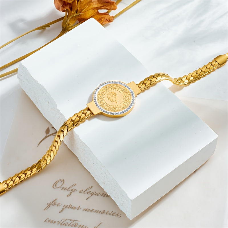 Fashion Stainless Steel Coin Bracelet, Creative Gold Plated Head Coin Design Bracelet