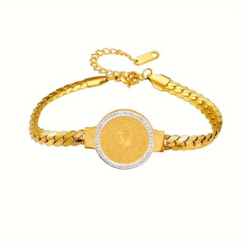 Fashion Stainless Steel Coin Bracelet, Creative Gold Plated Head Coin Design Bracelet