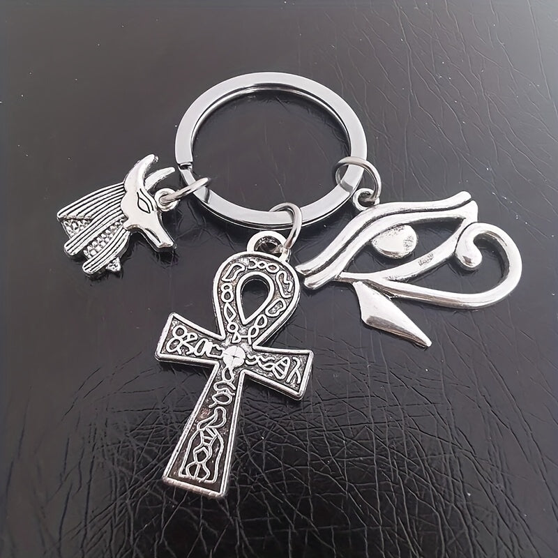 Ancient Egyptian Style Key Chain Cross Horus Eye Anubis Amulet Antique Silver Plated