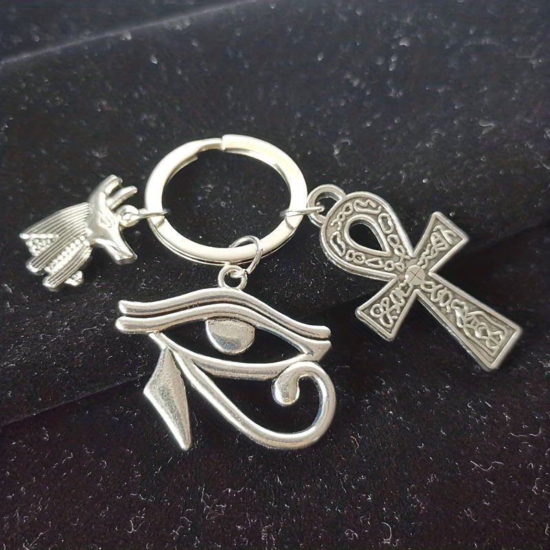 Ancient Egyptian Style Key Chain Cross Horus Eye Anubis Amulet Antique Silver Plated