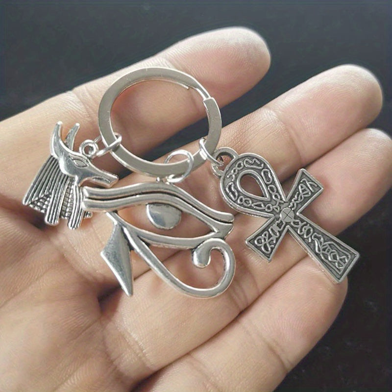 Ancient Egyptian Style Key Chain Cross Horus Eye Anubis Amulet Antique Silver Plated