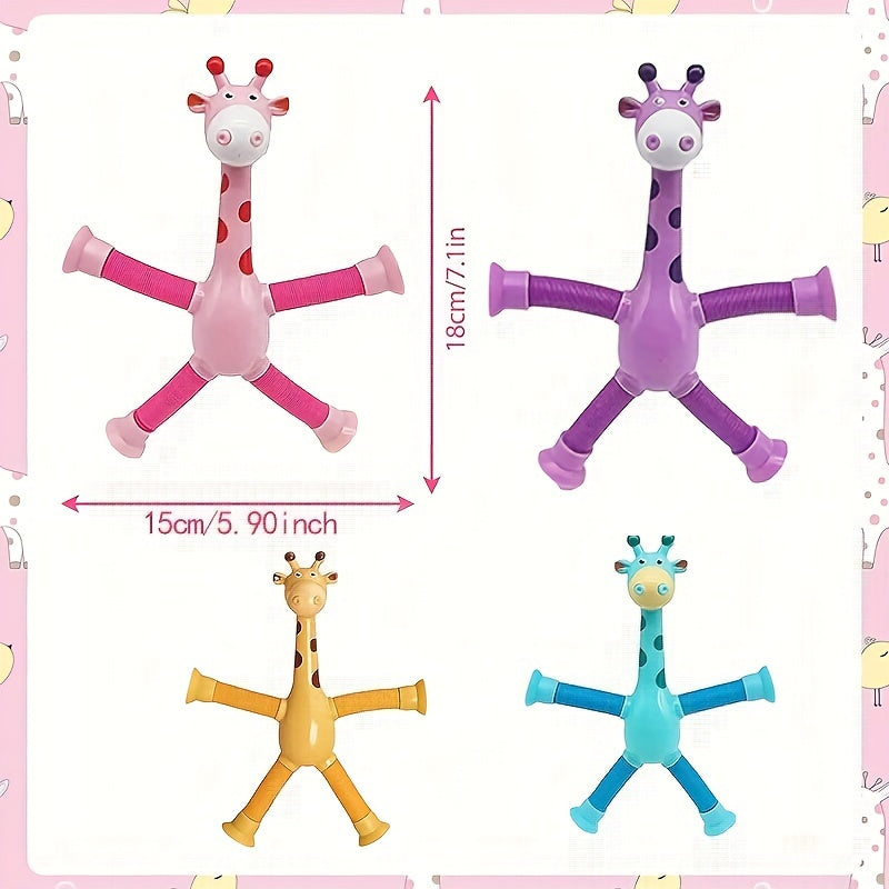 4 Pack Telescopic Giraffe Toys With Suction Cup, Pop Tubes, Sensory Toys For Kids