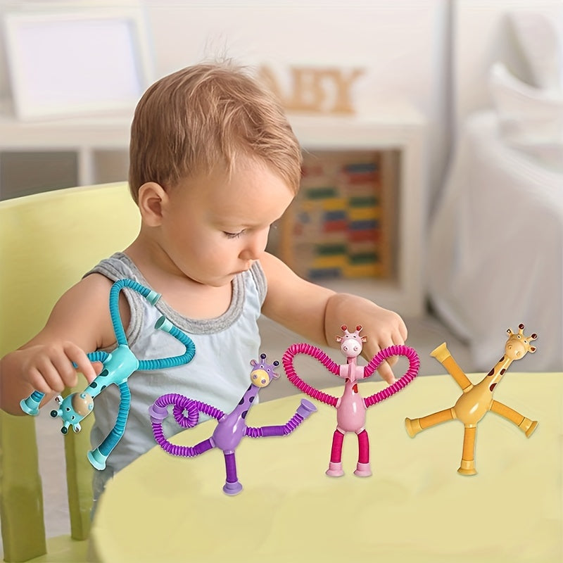 4 Pack Telescopic Giraffe Toys With Suction Cup, Pop Tubes, Sensory Toys For Kids
