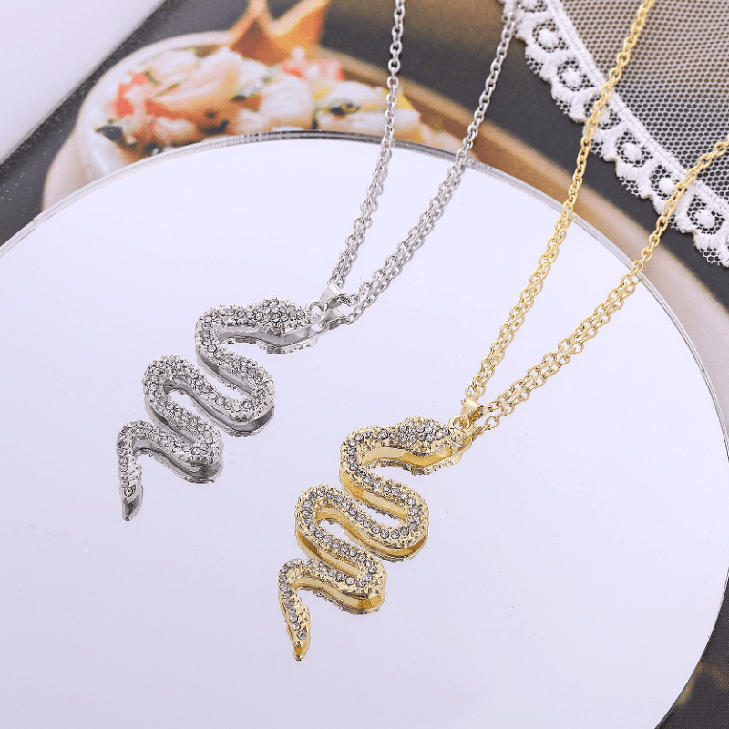 Men's Fashion Minimalist Rhinestone Snake Shaped Pendant Necklace, Hip Hop Couple Jewelry