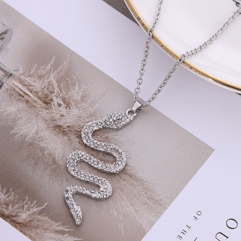 Men's Fashion Minimalist Rhinestone Snake Shaped Pendant Necklace, Hip Hop Couple Jewelry