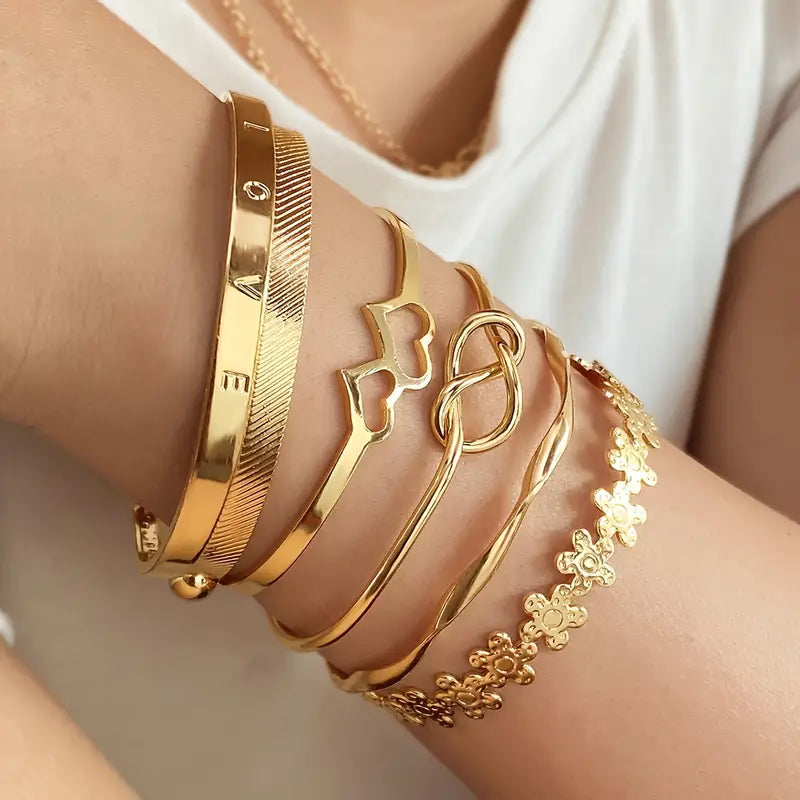 6pcs/Set Punk Exaggerated Letter LOVE Love Flower Ring Cuff Bangle Bracelet