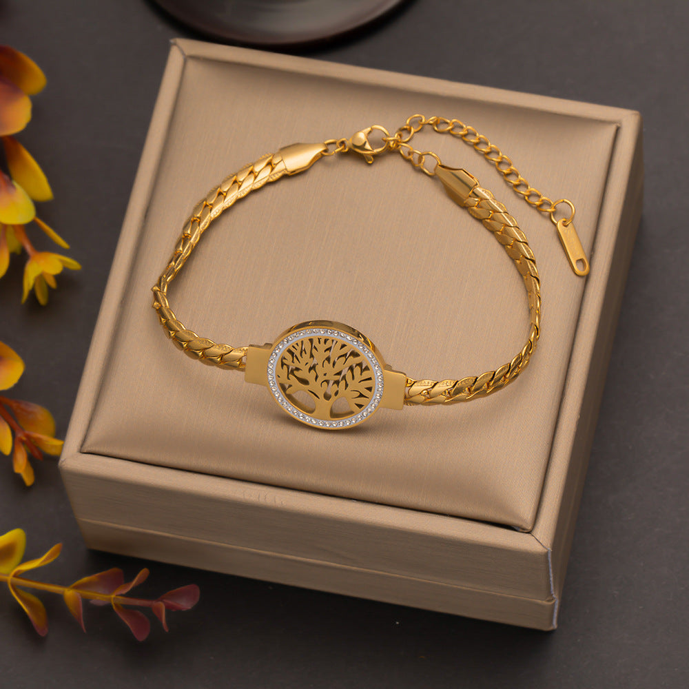 1pc Adjustable Titanium Steel Bracelet, Gold Stainless Steel Tree Of Life chain Bracelet