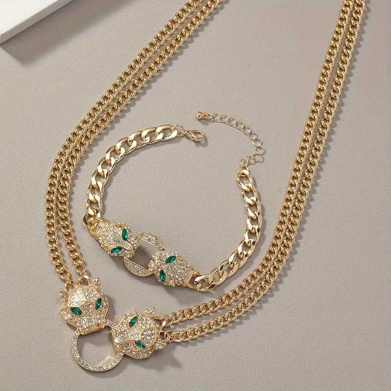 2pcs/set Trendy Hip-hop Style Inlaid Rhinestones Necklace And Bracelet Set, Double-layer Chain Set